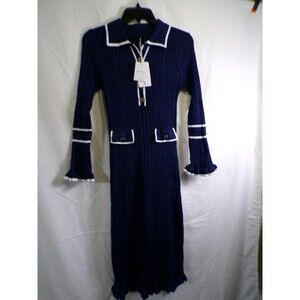 Pink Queen Women's Navy Ribbed Long Knit Sweater Dress Size S V Neck